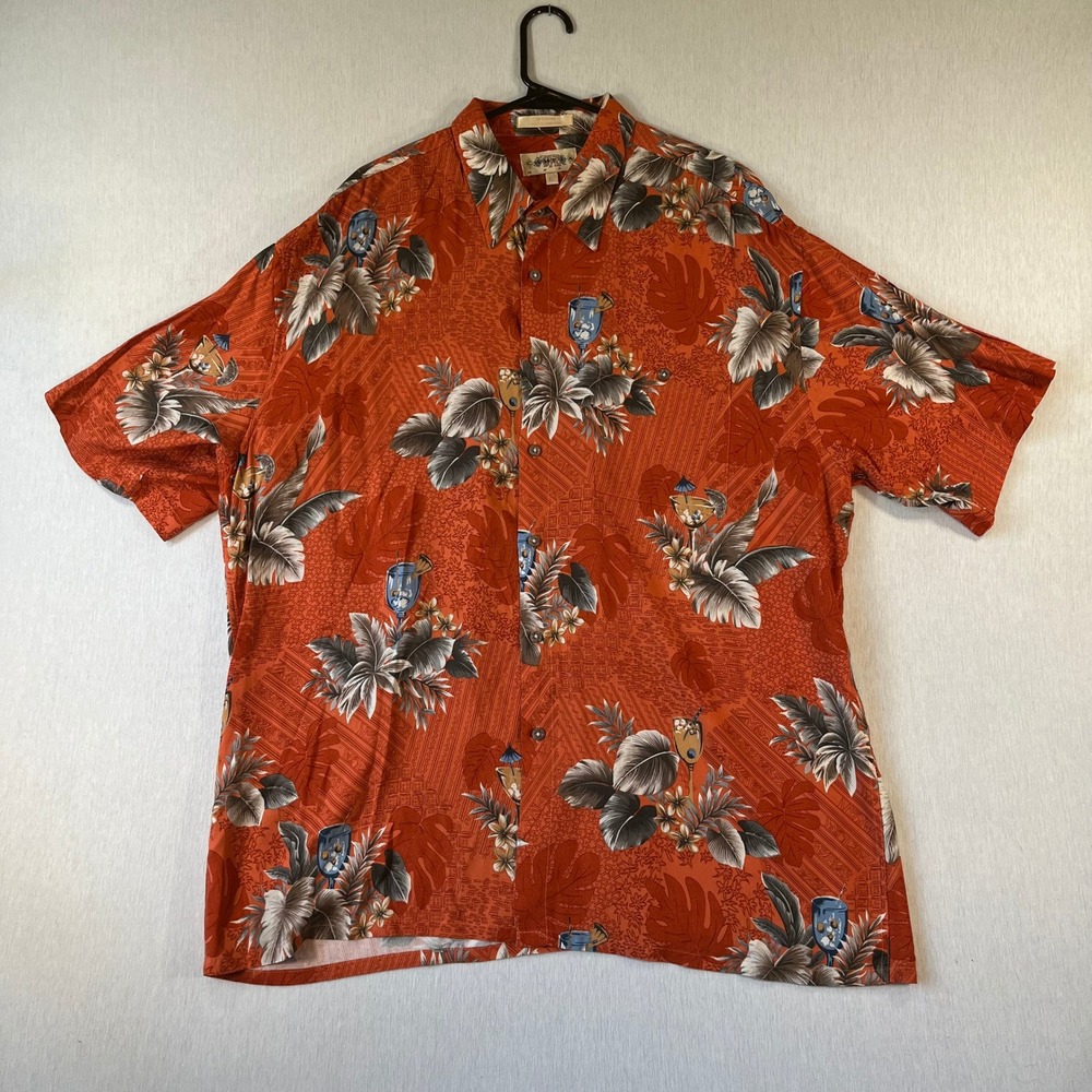 Campia Moda Mens XL Orange Tropical Cocktail Floral Rayon Short Sleeve Shirt